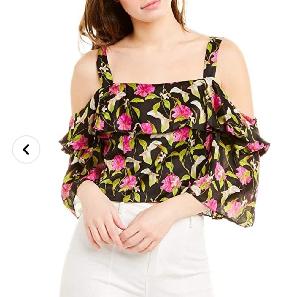 Milly Black Silk Cold-Shoulder Floral Crop Top with Pink & Green Print